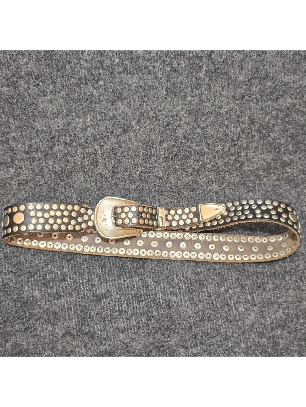 Vintage Avion International Studded Leather Belt Tokyo LA NY Black Brass Size 34